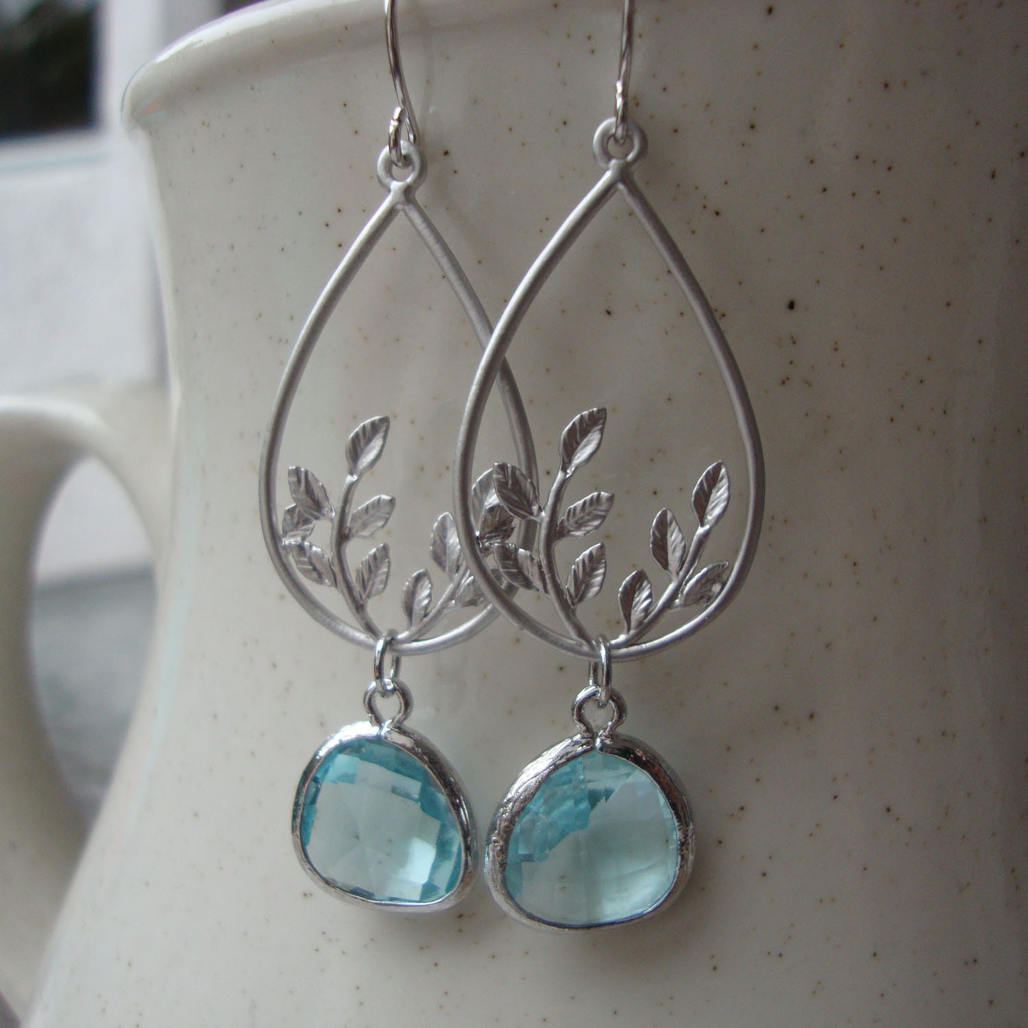 NIZE - Silver Vines with Aqua Blue dangles, bridal, bridesmaids, everyday jewelry, wedding earrings, matte silver