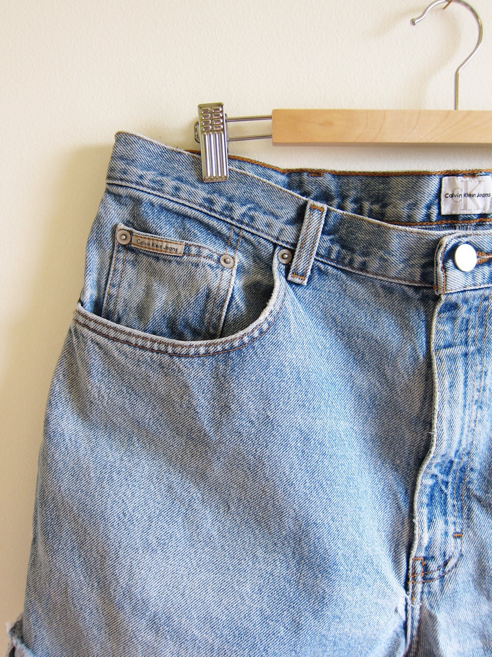 Vintage 1990s Shorts / Light Denim High Waisted Cut Offs CALVIN KLEIN Jean Shorts / 36 / Size Large