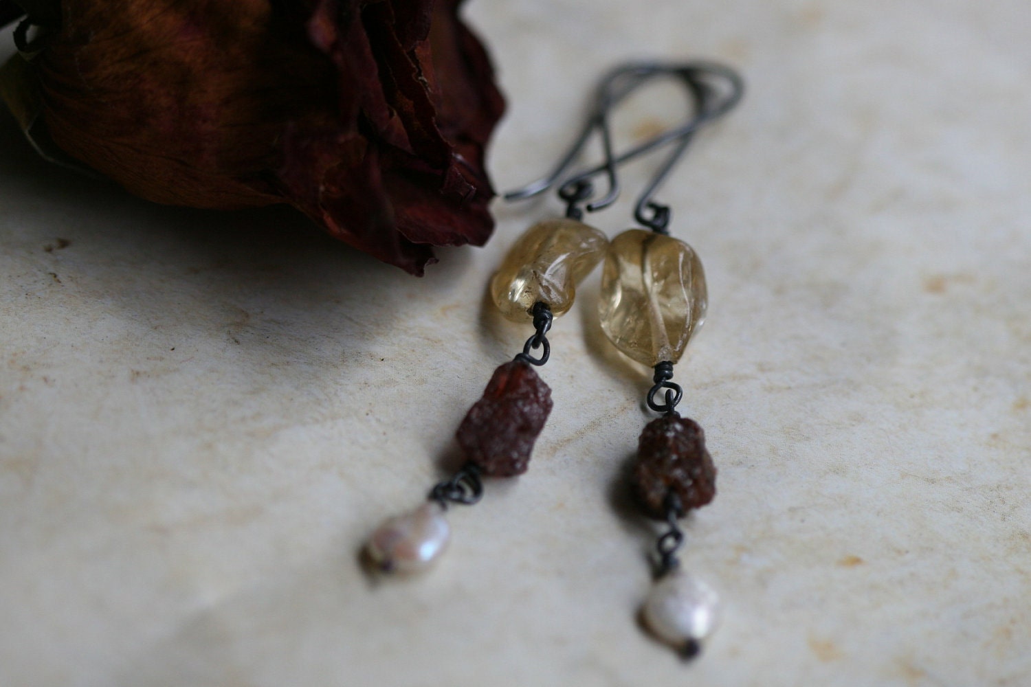 Beast's Beauty II earrings-raw Garnet stone, rough, Citrine, earthy, organic, bohemian, rustic, mixed beads