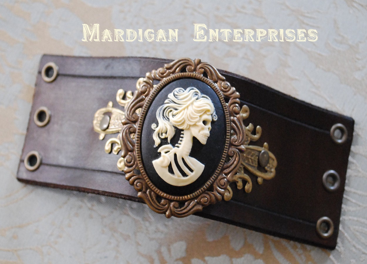 Leather Cuff - Black and Ivory Skull Cameo on Brown leather