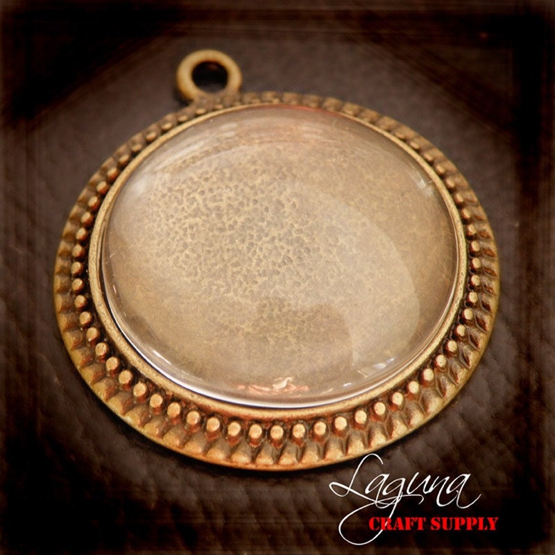 10 Vintage Antique Pendant Settings - 1 Inch Round Pendant Trays - Glass Cabochon Inserts Included