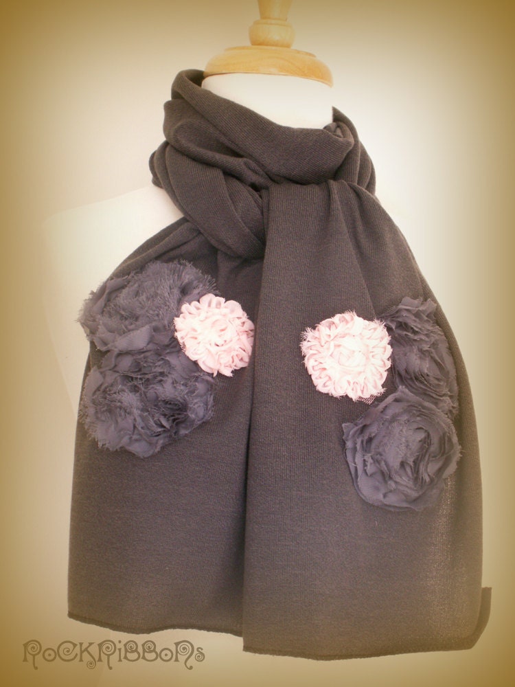 HOLD FOR SAMARA - warm winter accessory - slate grey - long scarf - soft knit - cotton fabric rosettes - shabby chic appliqué flowers.