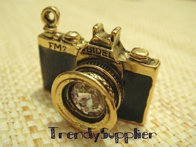 Antique Gold Black Camera Charm, 1 pc