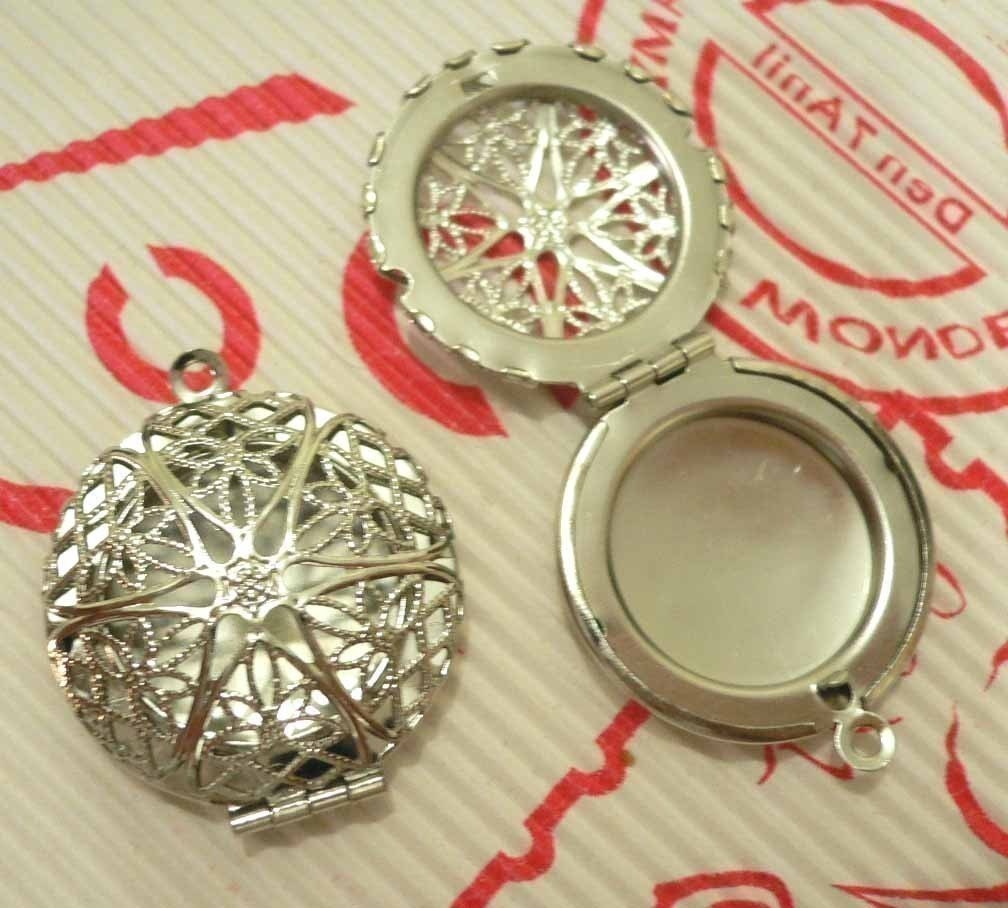 Silver Plated Round Filigree Locket Charms, 2 pcs