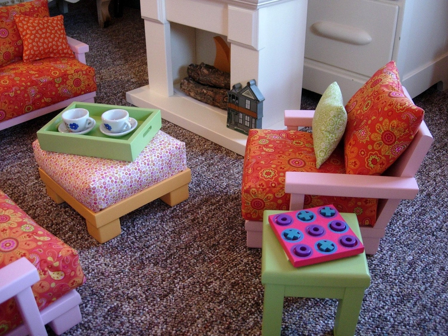 Doll Couch Loveseat Chair Tables with Fireplace for American Girl Dolls or 18-inch Dolls