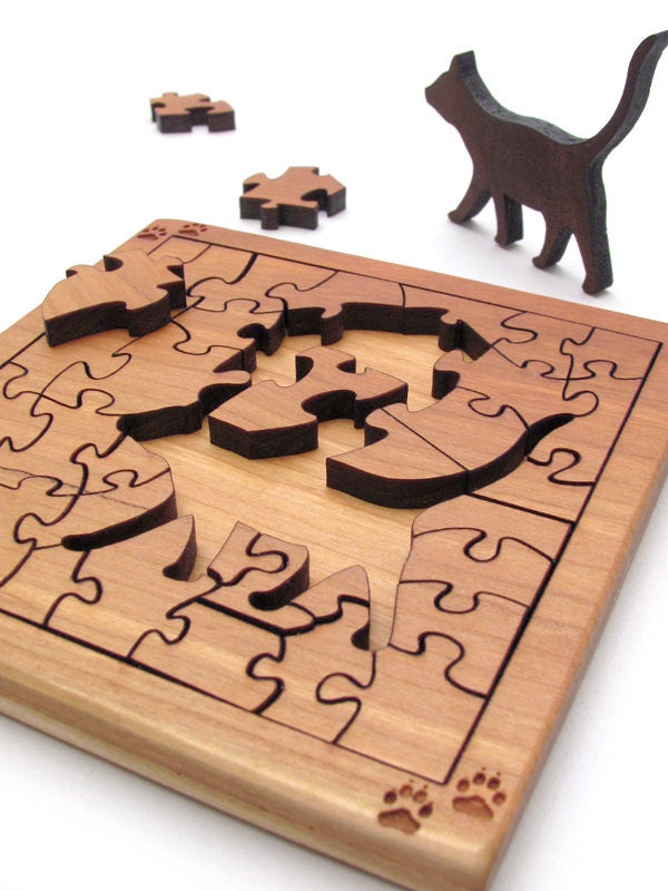 Mini Cat Puzzle - Sustainable Harvest Black Cherry and Walnut - Food Safe Oil Finish . Timber Green Woods