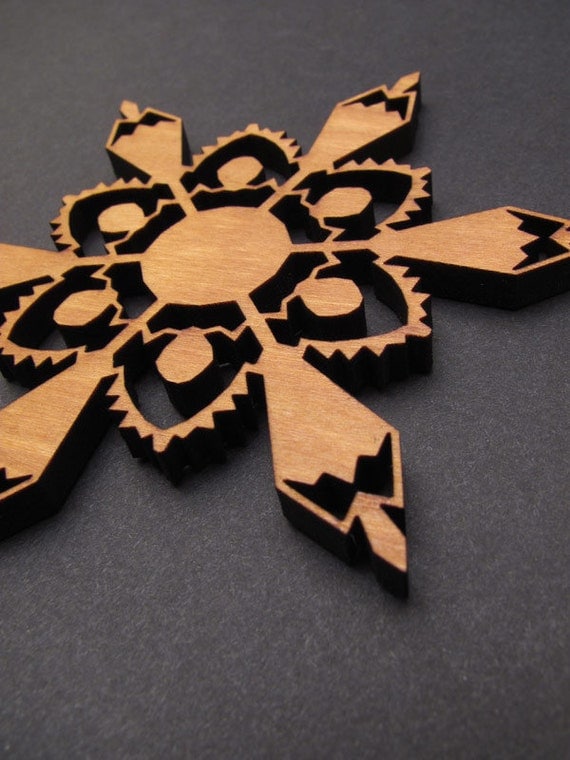 Wood Christmas Tree Ornament - Detailed Laser Cut Black Cherry Snowflake Ornament 3 1/2" - Designer Gift Box . Timber Green Woods