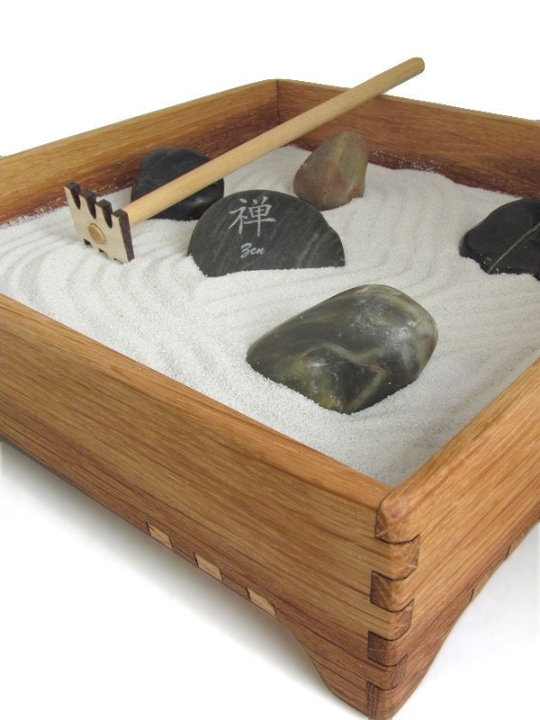 Mini Zen Garden - Karesansui with White Sand - Includes Rocks, Rake, and Zen Power Stone - Sustainable Harvest Oak Box