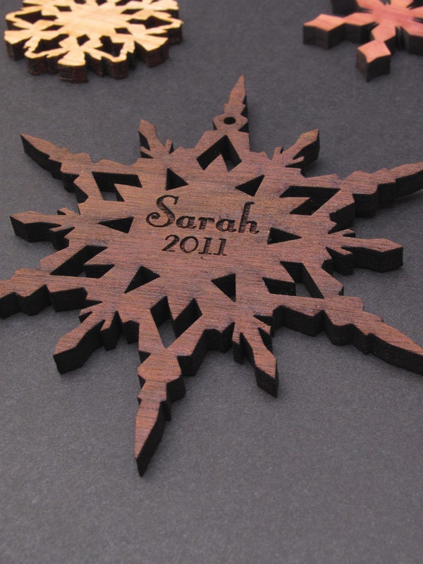 Name Flake - Custom Wood Snowflake Ornament - Personalized Laser Engraved Ornament Set in a Monogram Gift Box
