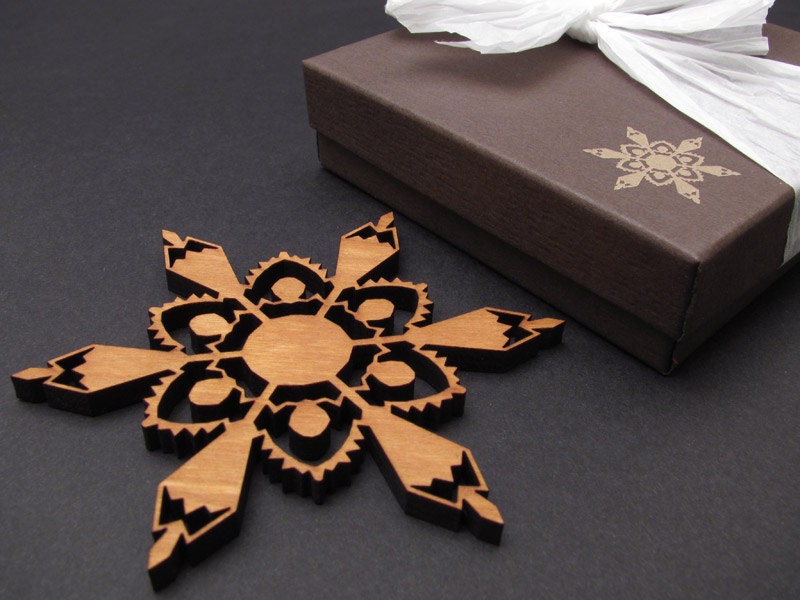 Wood Christmas Tree Ornament - Detailed Laser Cut Black Cherry Snowflake Ornament 3 1/2" - Designer Gift Box . Timber Green Woods