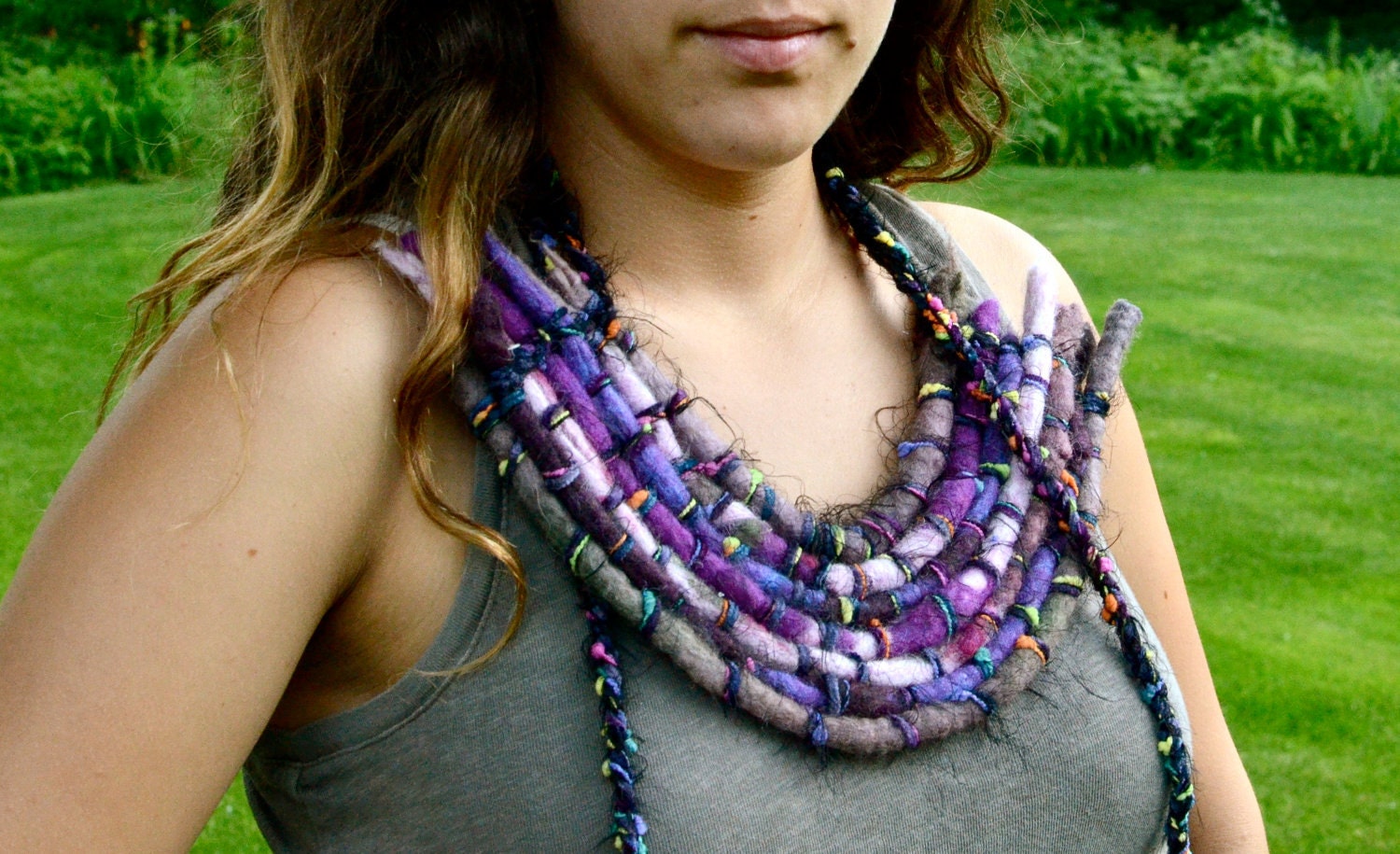 Bold Avant Garde Bohemian Purple Felted Bib Necklace