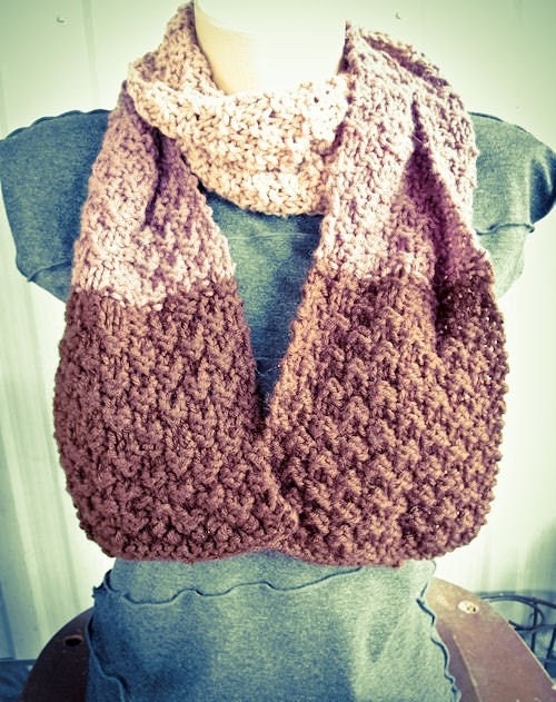 Tri Color Brown Hand Knit Scarf, color block, cowl, beige - Made by Memere