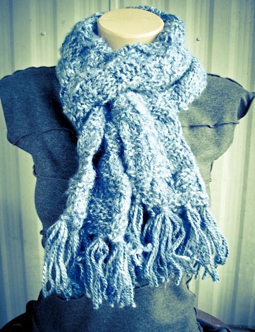 Mottled Blue Hand Knit Fringe Scarf - Made by Memere