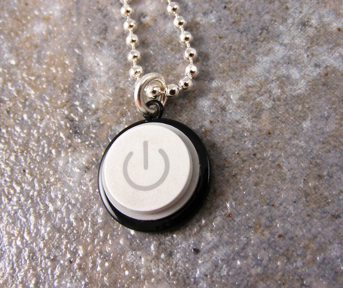Power Up Color - Recycled MAC Power Button Necklace on Black Enamel -  Sterling Silver Plated Chain