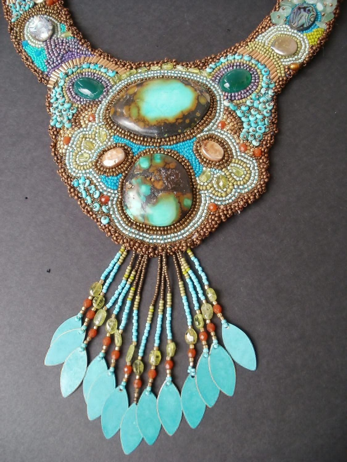 Hand embroidered Turquoise gem and bead necklace