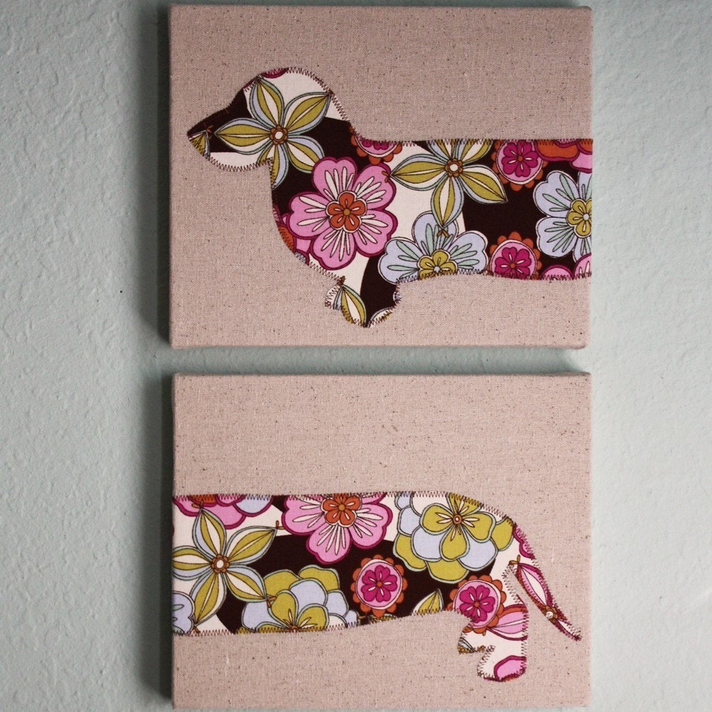 Dachshund wall hanging - Two 8x10 panels in chocolate floral print