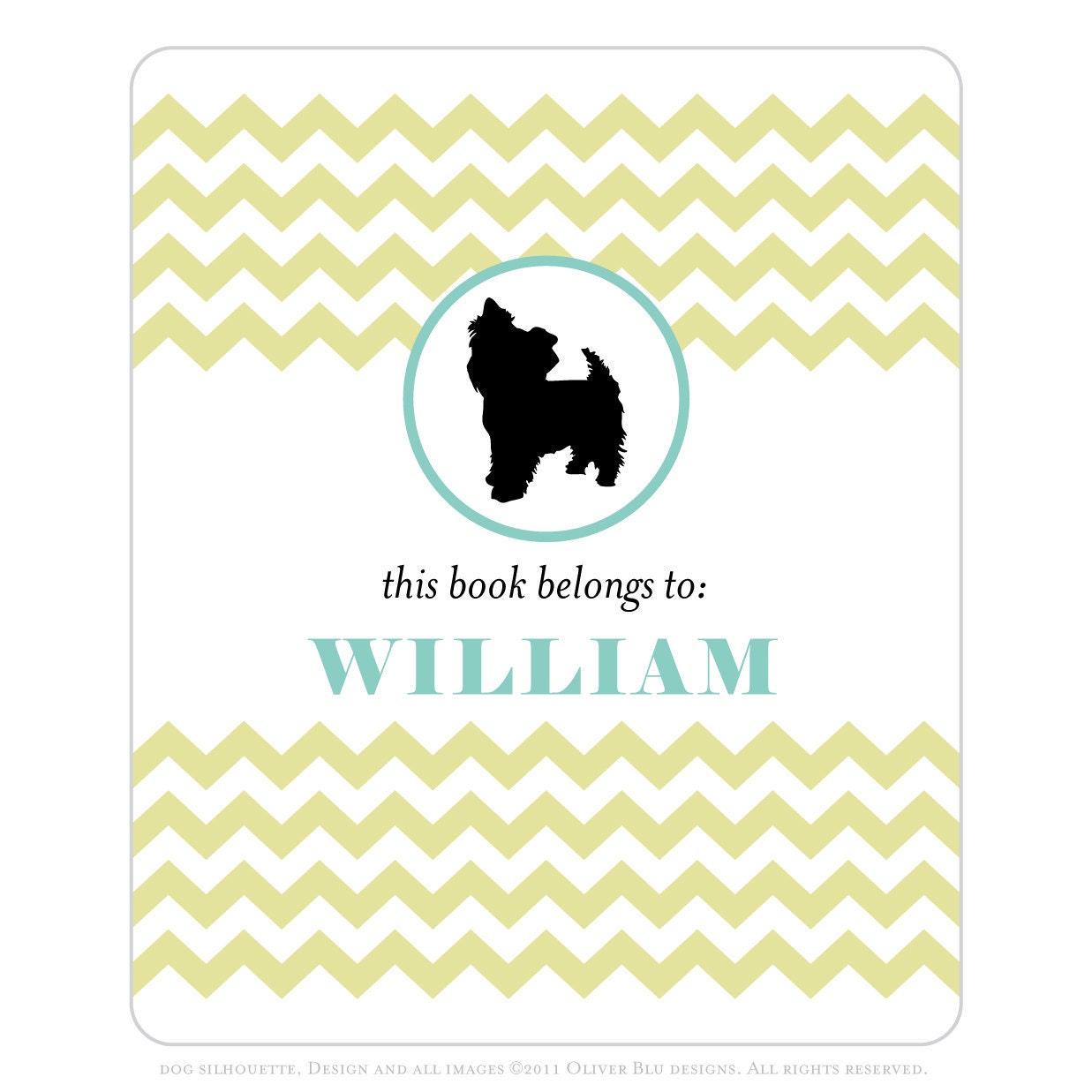 Yorkshire terrier bookplates -- Personalized in chevron pattern -- Six color combinations available
