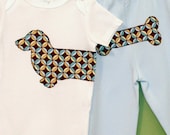 Wiener dog bodysuit and pant set in modern mahogany print
