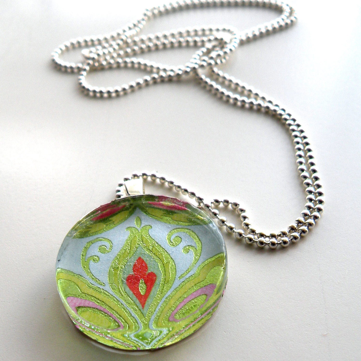 Glass Tile Necklace in Peridot Green, Blue, and Pink Handcrafted Jewels by Trish