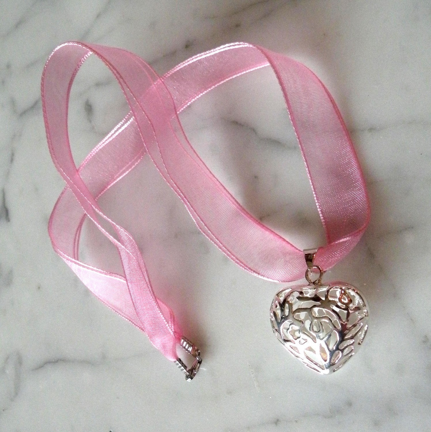 Silver Heart Necklace, Pink Ribbon, Filigree Valentine Handcrafted Jewels by Trish