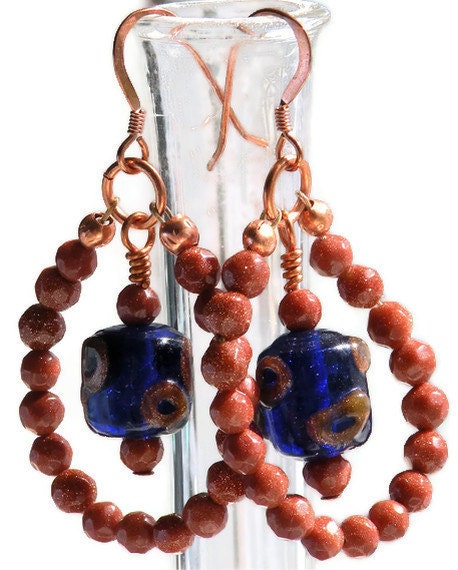Blue and Brown Beaded Dangle Earrings Long Loop Sparkly Jewelry