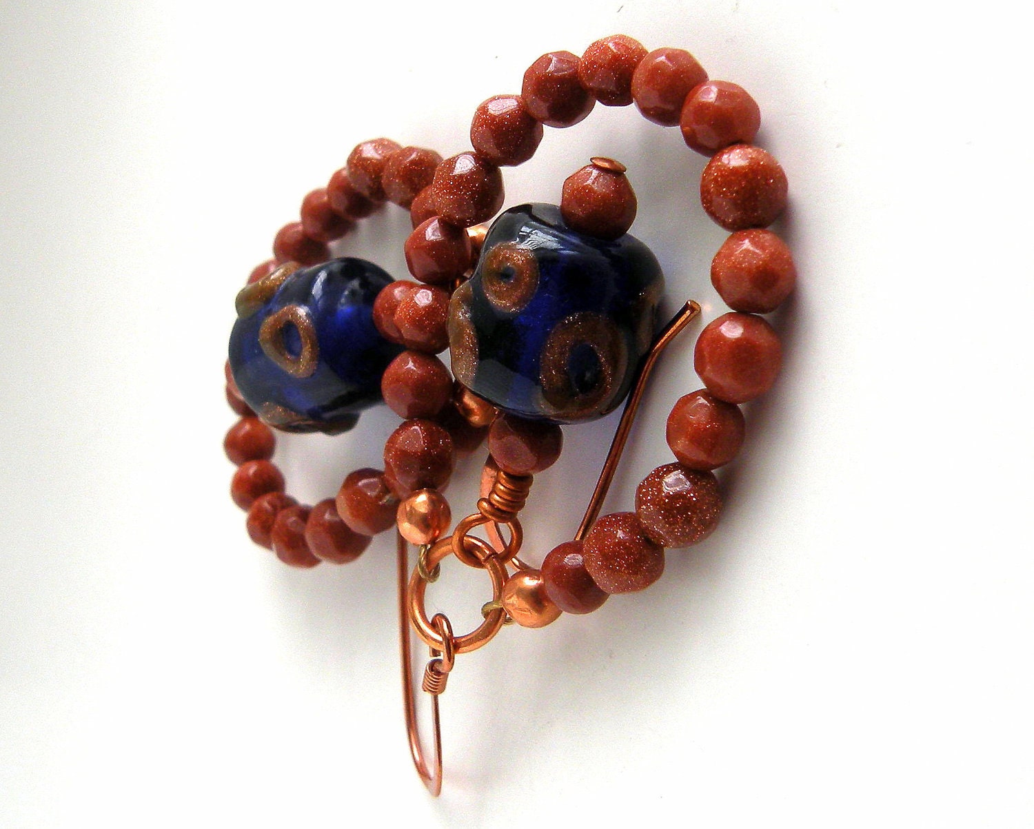 Blue and Brown Beaded Dangle Earrings Long Loop Sparkly Jewelry