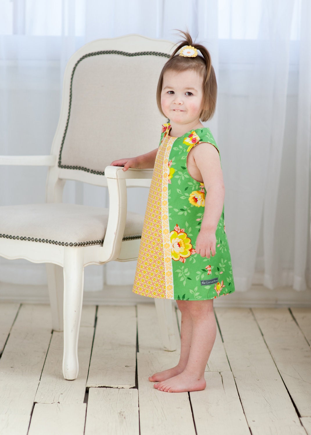 Girls Green Floral Retro Mod Shift Dress, Size 3T In Stock and Ready to Ship by The Cottage Mama