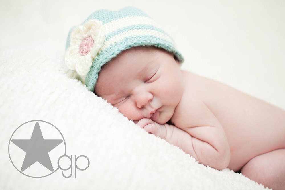 3 to 6 Month Crochet Beanie Ocean Spray Blue wtih Flower Ready to Ship