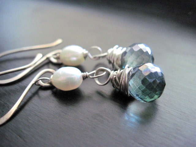 Mystic Quartz Earrings Forest Green Faceted Onion Briolette Freshwater Pearls Wire Wrapped