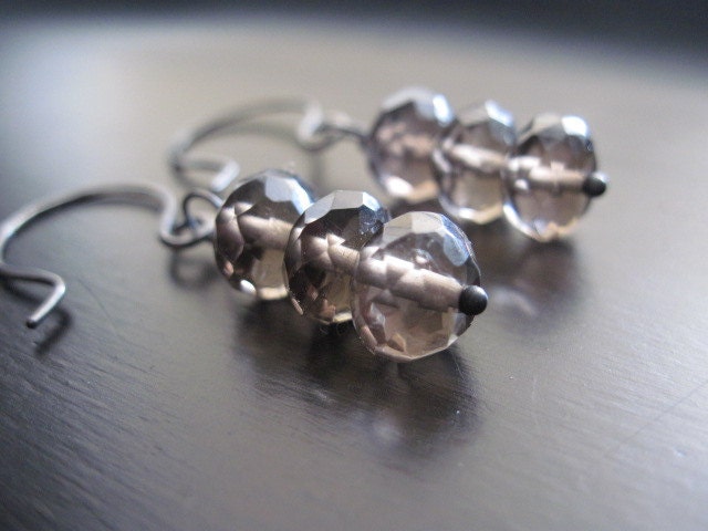 Smokey Quartz Rondelle Earrings Oxidized Sterling Silver Wire Wrap