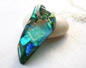 Green Glass Necklace Pendant, Sterling Silver, Modern Fused Glass