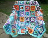 Granny square afghan blanket, warm wrap, colorful, handmade, crochet, patchwork, bed cover, blue, cozy, baby
