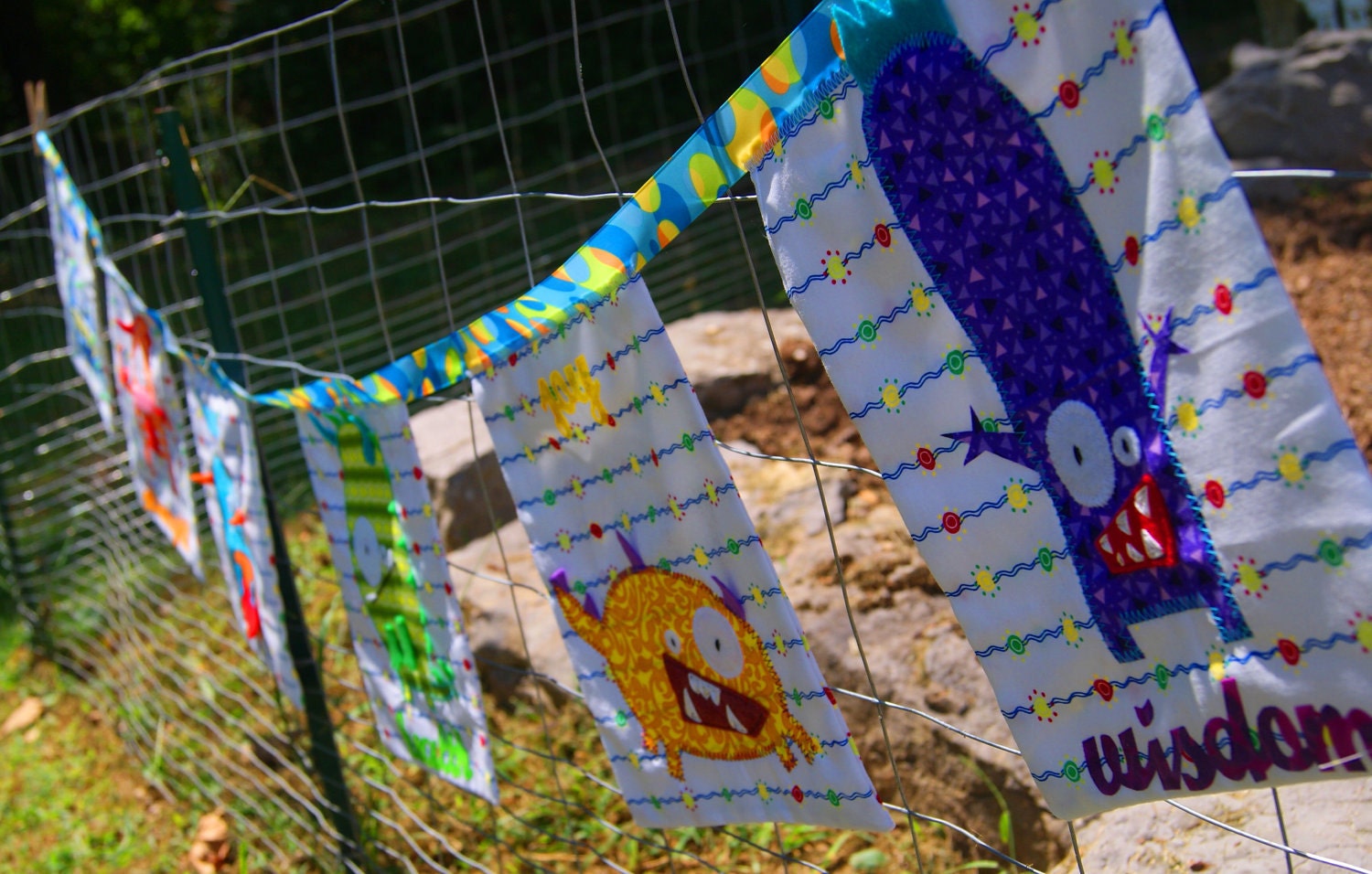 Prayer Flags Blessing Banner Bunting Garland Baby Shower Gift Custom to Match Childs Room Decor Ex: Cute Silly Monsters 6 Panels
