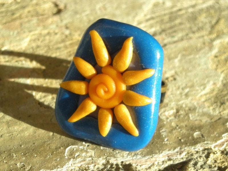 Mixed Media Art Ring - Polymer Clay and Ceramic - bright orange sun on blue sky - AEGEAN COLLECTION - RODOS