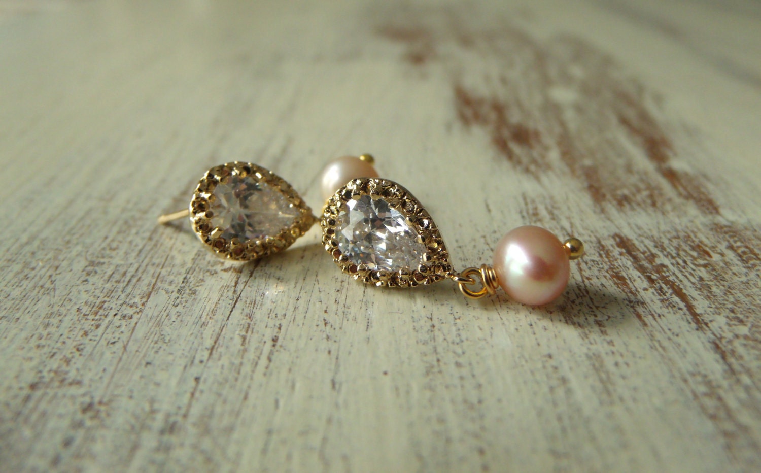 Pink Freshwater Pearl and CZ Pear Earrings
