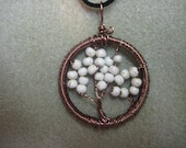 Tree of Life, white metal beads, Pendant necklace Vintage copper wire wrapped circle of life