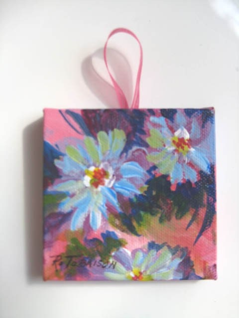 Christmas Ornament Pink Floral Acrylic mini painting 3 x 3 Inch Holiday pink handmade