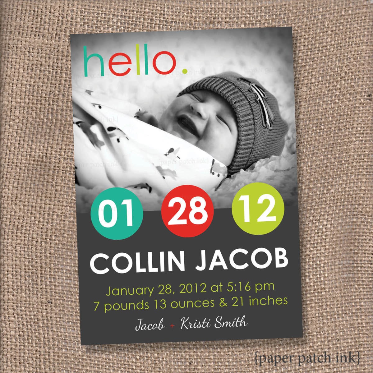 RETRO Dots Baby Birth Announcement Photo Card - One Photo - Printable 5x7 - DIY Boy or Girl