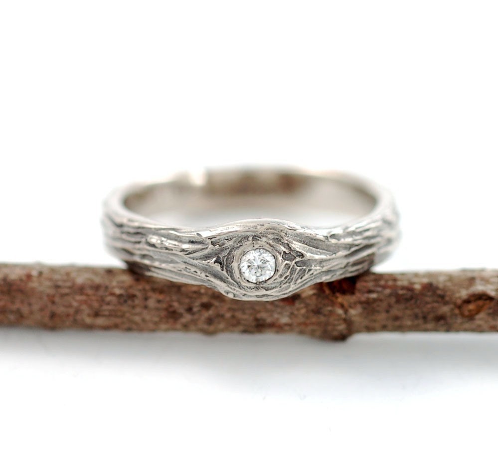 14k Palladium White Gold Tree Bark Love Knot 2mm Diamond Ring