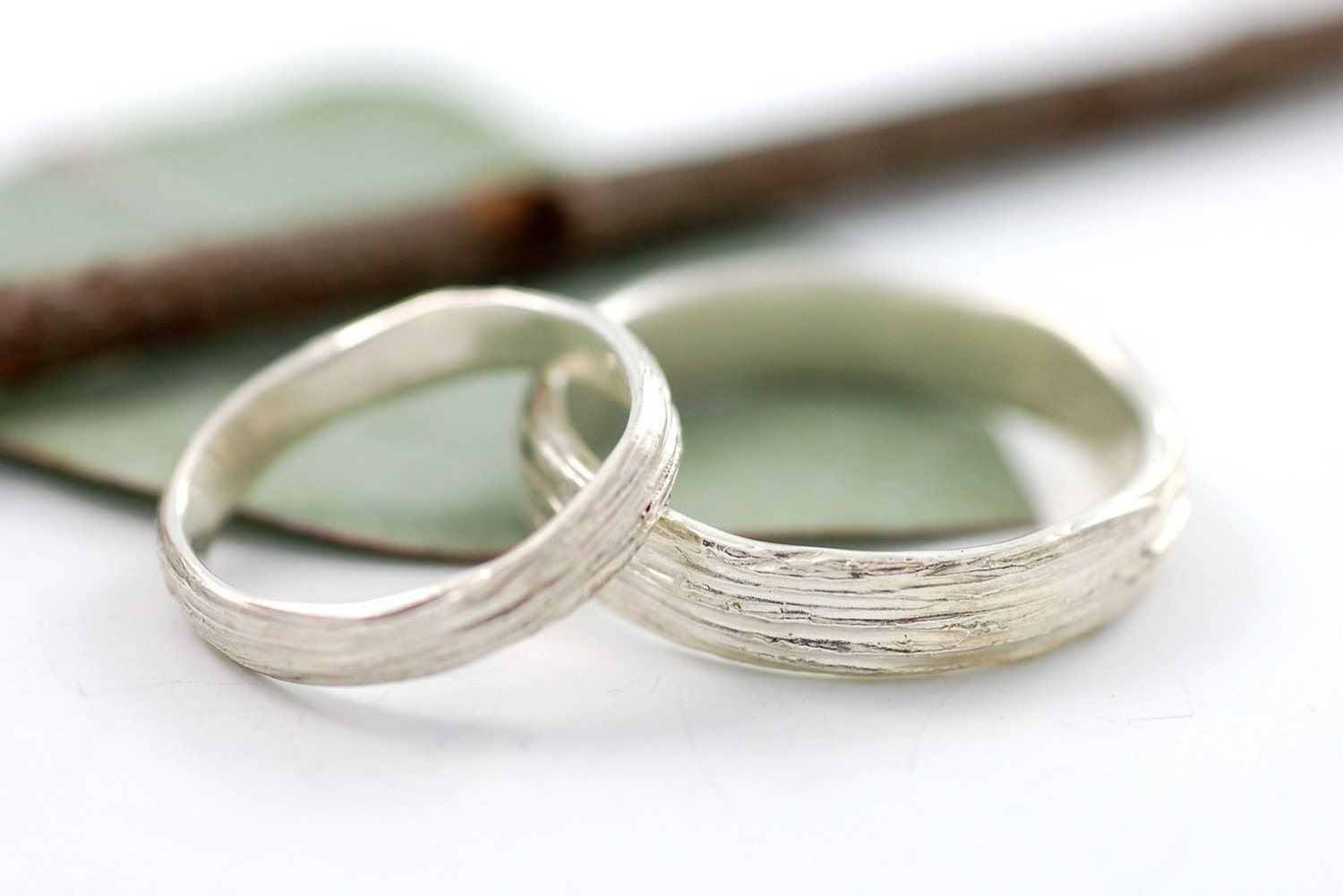 Sterling Silver Tree Bark Wedding Bands - 3mm and 5mm set