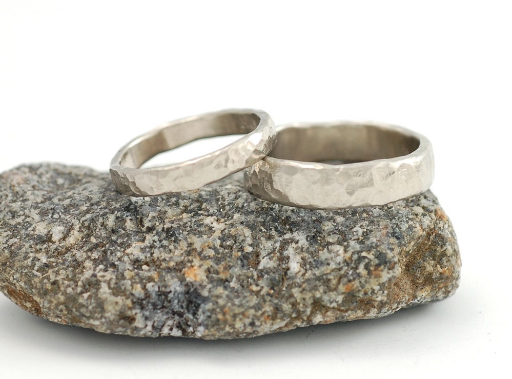 Love Rocks - 14k Palladium White Gold Hammered Wedding Band Set - 3mm and 5mm