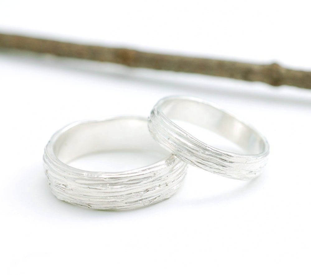 Sterling Silver Tree Bark Wedding Bands - 4mm and 6mm set