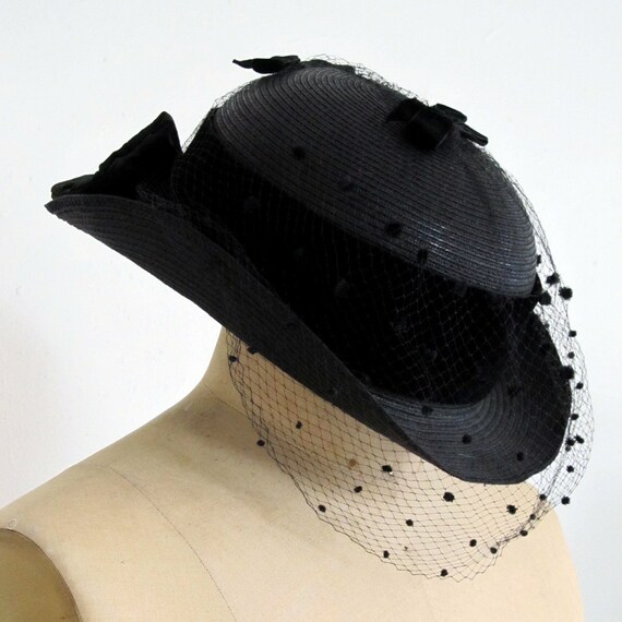 Items similar to Black Bowler Derby Straw Riding Hat with Veil on Etsy