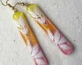 Pink Orange Yellow Dichroic Fused Glass Earrings With White Flowers E-730
