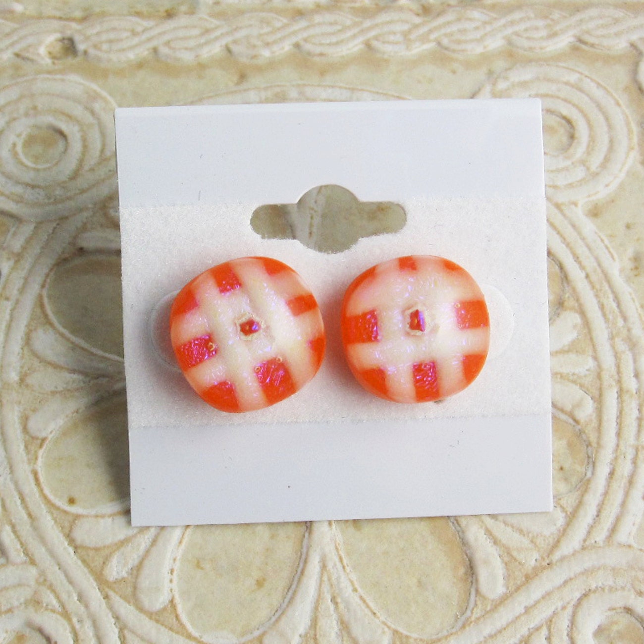 Tangerine And White Plaid Dichroic Post Earrings  - DGE 95