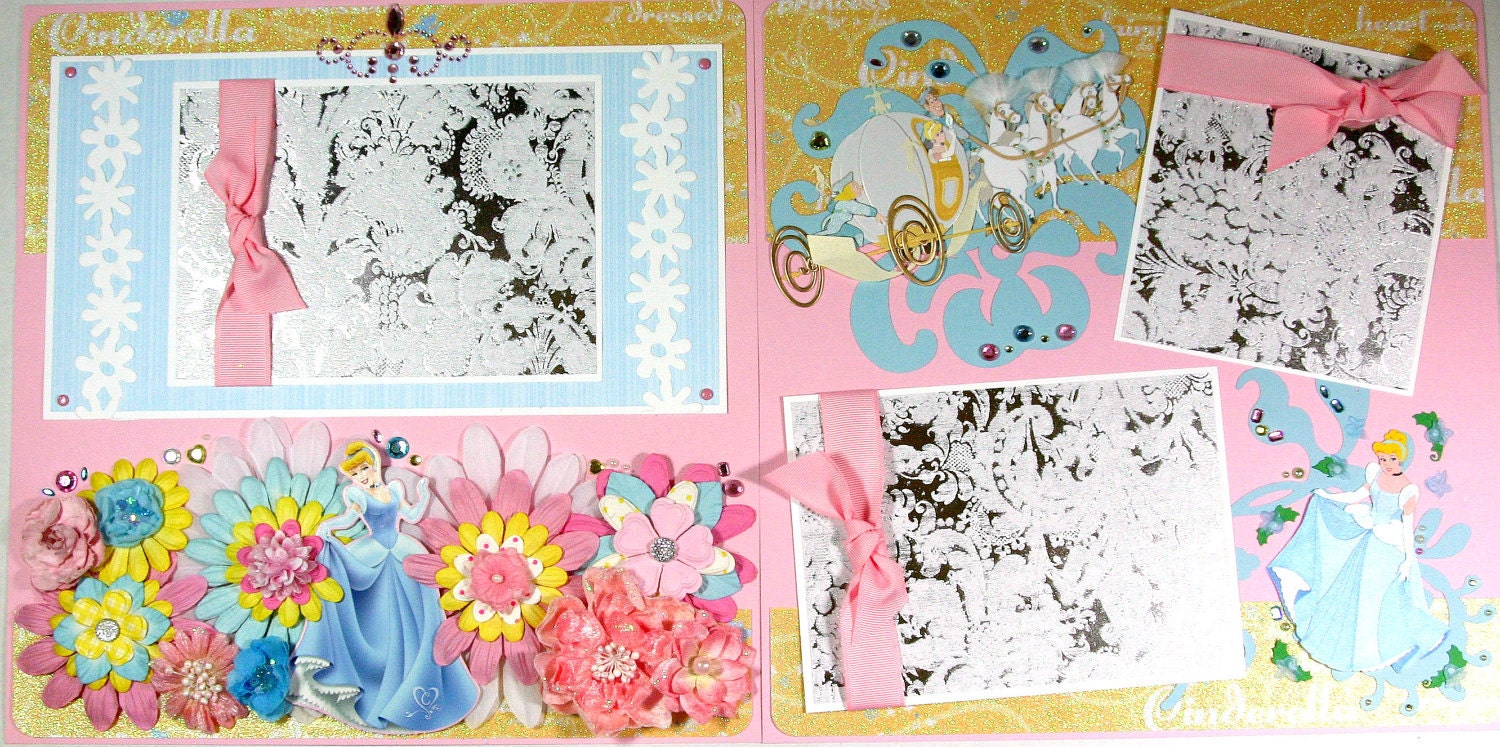 12 x 12 Premade Scrapbook Layout Disney Princess -- Cinderella - Girl - Pink Blue