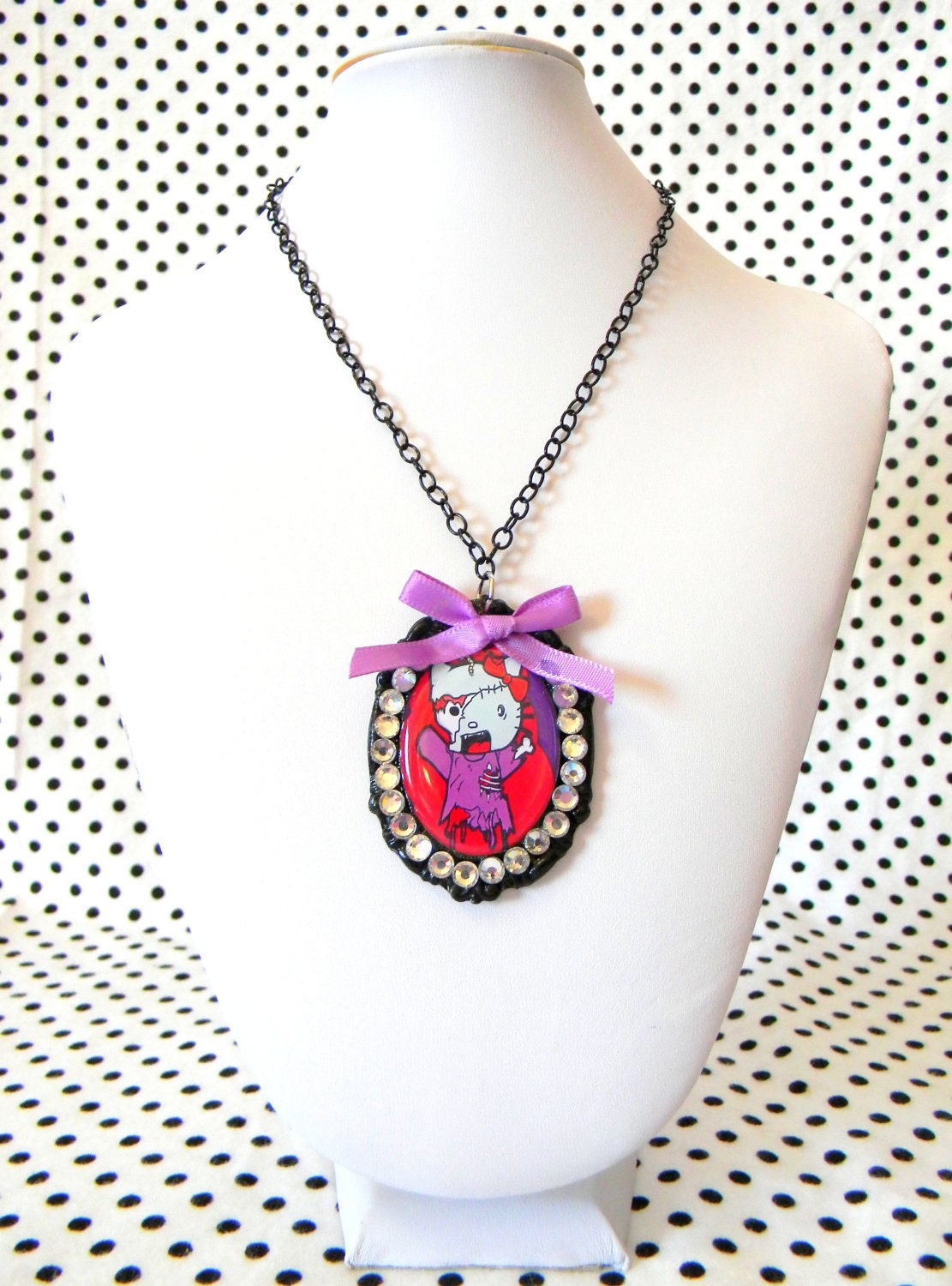 Zombie Hello Kitty Necklace- Red and Purple Cameo Necklace Featuring a Hello Kitty Zombie- Pinup Rockabilly Psychobilly Kawaii