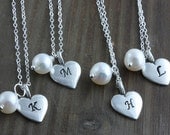 Bridesmaids Gifts, 4 Personalized Sterling Silver Heart and Fresh Water Pearl Necklaces, Bridal Discount
