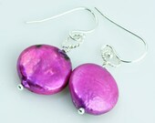 Fuchsia Fresh Water Coin Pearl Earrings, on Sterling Silver French Ear Wires