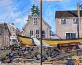 Oil Painting Landscape, Long Yellow Boat, Monhegan Diptych. 12x24 Oil on Canvas Original Seascape